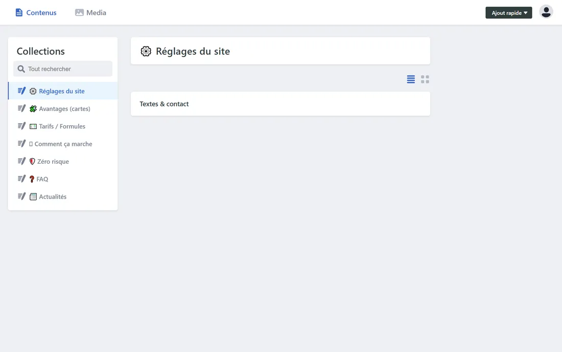L'accueil de l'espace admin : la liste de tout ce que vous pouvez modifier (réglages, prestations, réalisations, FAQ…)