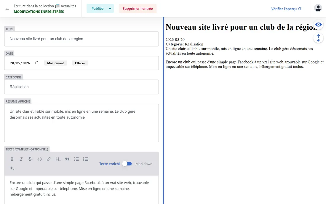 L'éditeur d'article : des champs simples (titre, date, résumé, texte) avec l'aperçu du rendu en direct