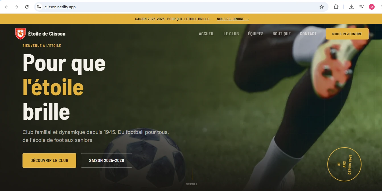 Exemple de site réalisé pour le club Étoile de Clisson, affiché sur ordinateur